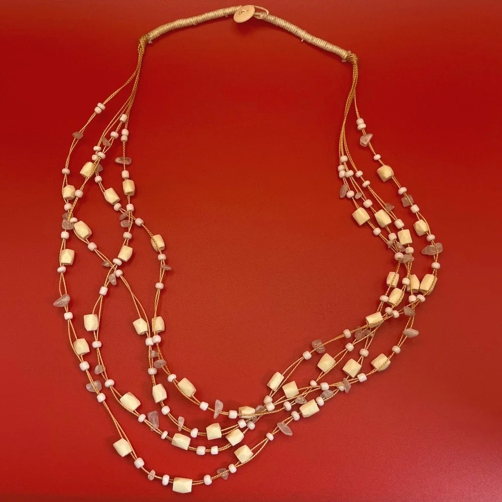 Vintage‎ Multi Strand Beaded Necklace White Cream Stone Shell Boho Beachy
